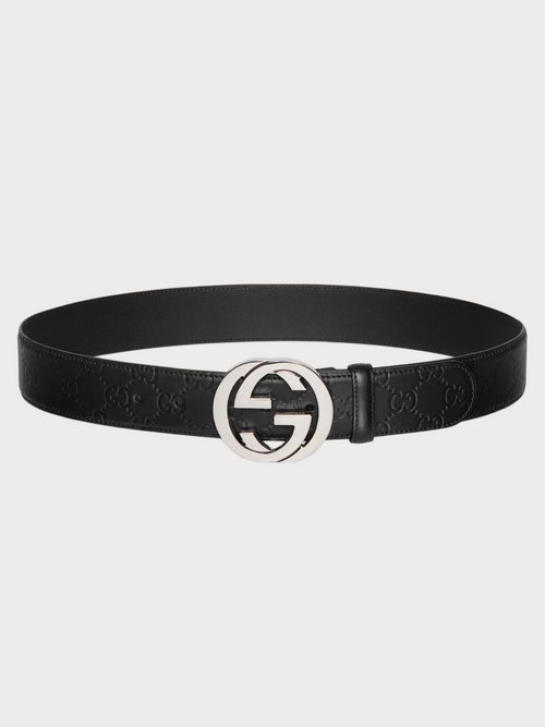 GUCCI Men's Belt with Interlocking G Buckle Signature Leather(Black)