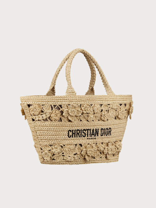 CHRISTIAN DIOR Hat Basket Bag Raffia with Flowers(Natural)