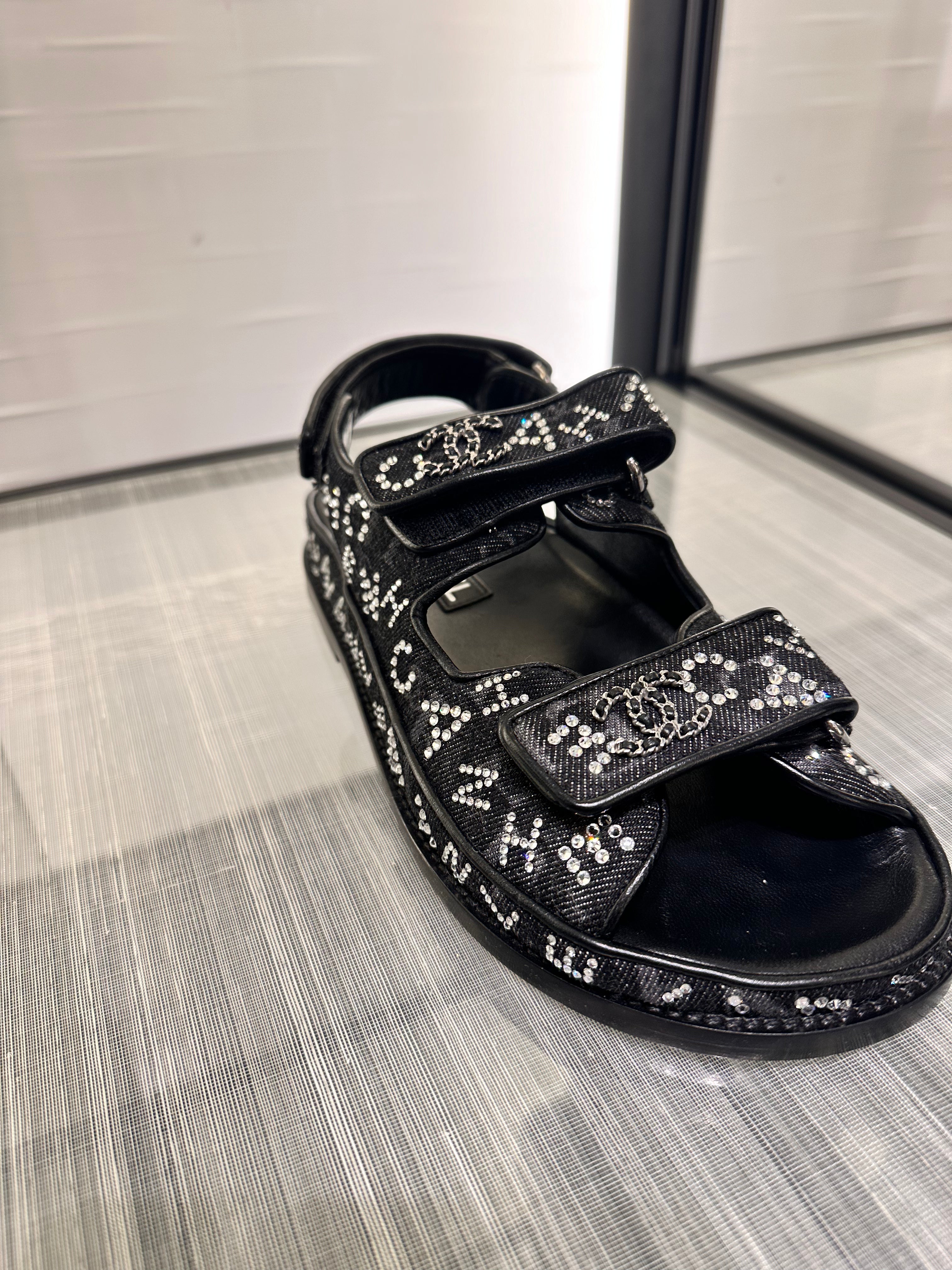 CHANEL NT916 Black Crystal Sandal | Chanel dad shoes (black