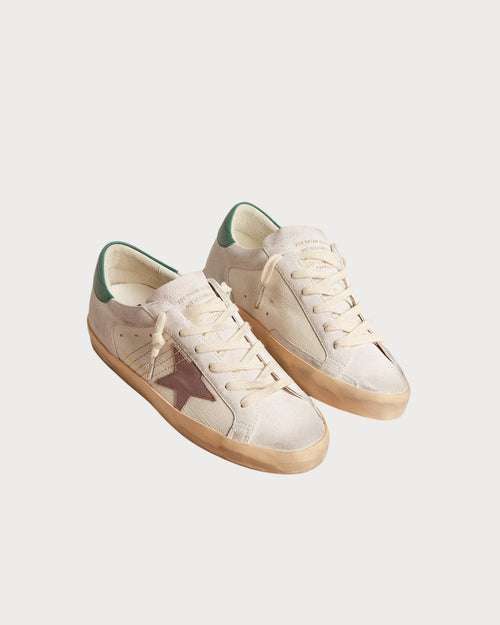 GOLDEN GOOSE Super - Star LTD in suede with pink leather star and green heel tab | 黃金鵝 Super - Star LTD 麂皮款,搭配粉色皮革星星與綠色後跟標籤(白色) - LondonKelly 英國名牌代購