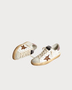 GOLDEN GOOSE Super - Star with a tan star and pink glitter heel tab | 金鵝 Super - Star 棕色星星搭配粉紅亮片後跟(白色) - LondonKelly 英國名牌代購
