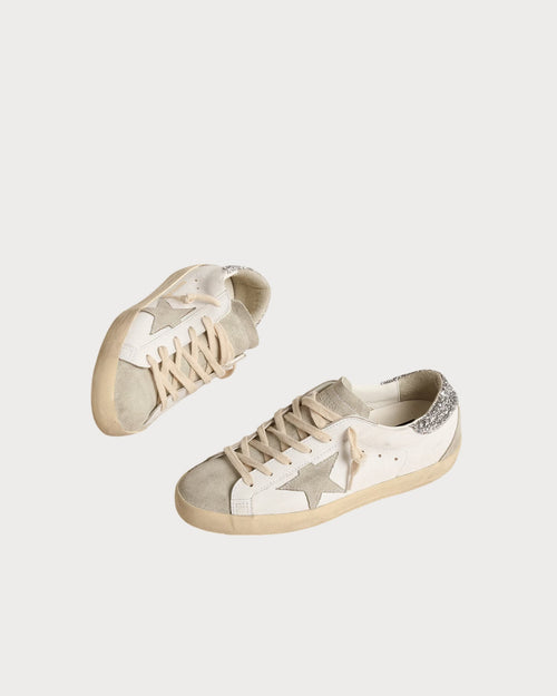 GOLDEN GOOSE Women's Super - Star with gray star and silver glitter heel tab | 黃金鵝 女款 Super - Star 搭配灰色星星與銀色亮片後跟標籤(白色) - LondonKelly 英國名牌代購