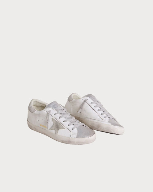 GOLDEN GOOSE Women’s Super - Star with gray suede star and silver glitter inserts | 黃金鵝 女款 Super - Star 搭配灰色麂皮星星與銀色亮片拼接(白色) - LondonKelly 英國名牌代購