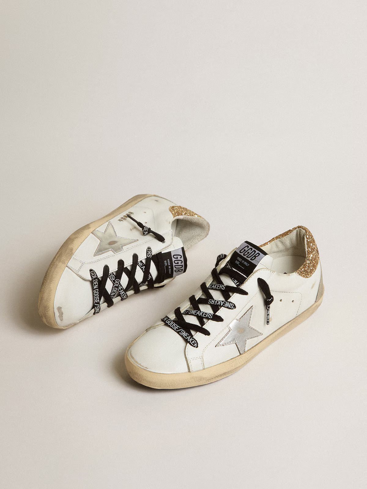 GOLDEN GOOSE Women's white leather Super-Star with glittery heel