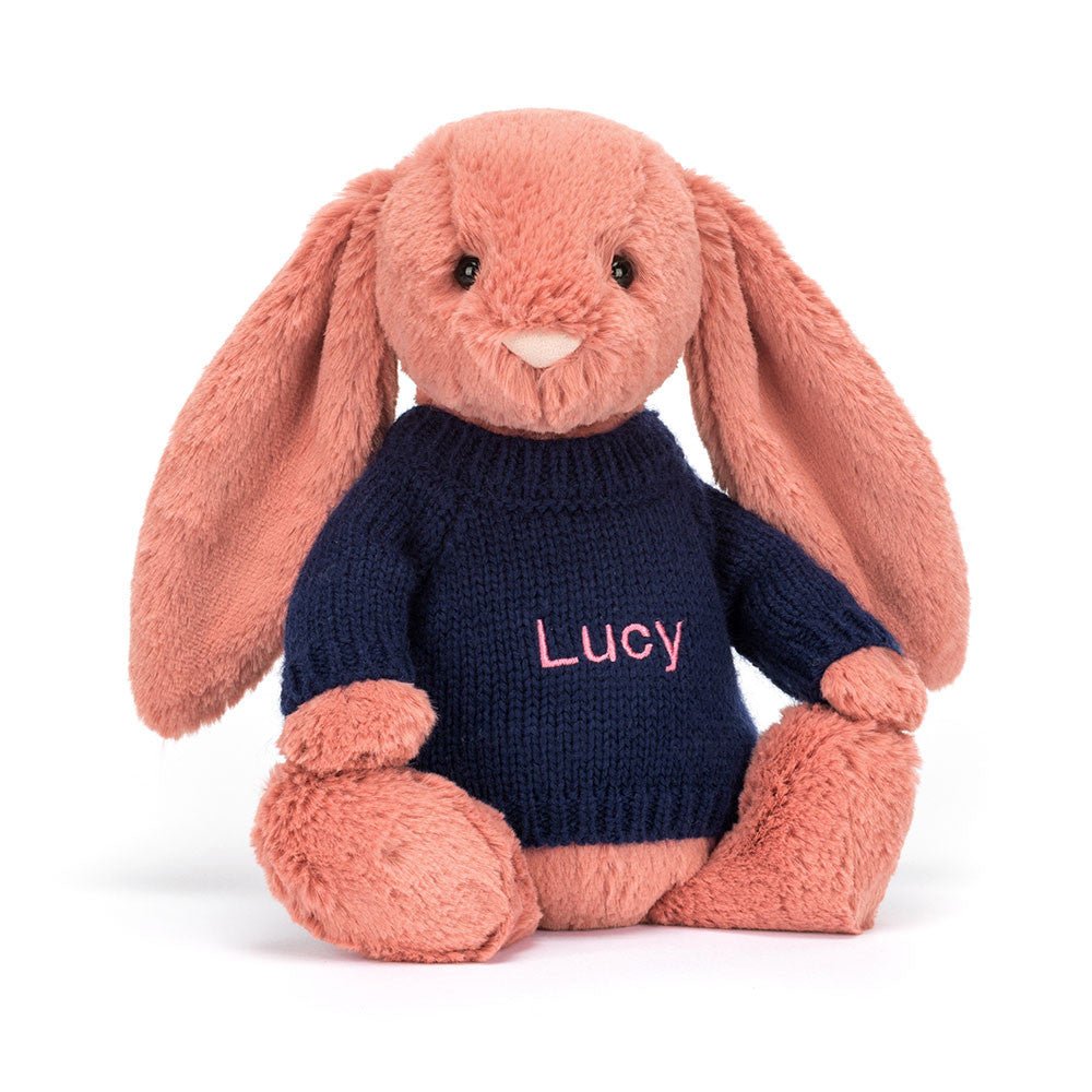 JELLYCAT Bashful Sorrel Bunny with Personalized Navy Jumper Bashful LondonKelly