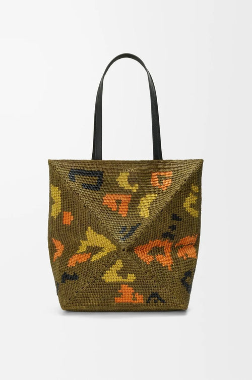 LOEWE Large Puzzle Fold Tote in Raffia and Calfskin | 羅意威 草編袋 (深綠色) - LondonKelly 英國名牌代購
