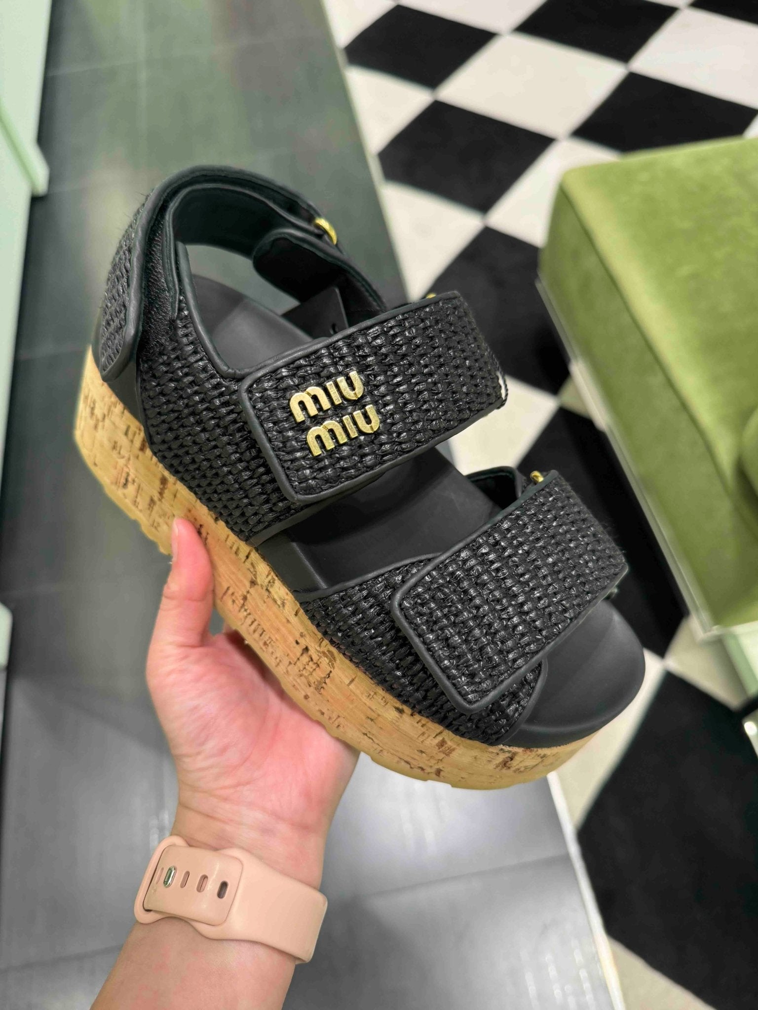 MIU MIU 5XZ480 Wedge Sandal Raffia Effect(Black) | LONDONKELLY