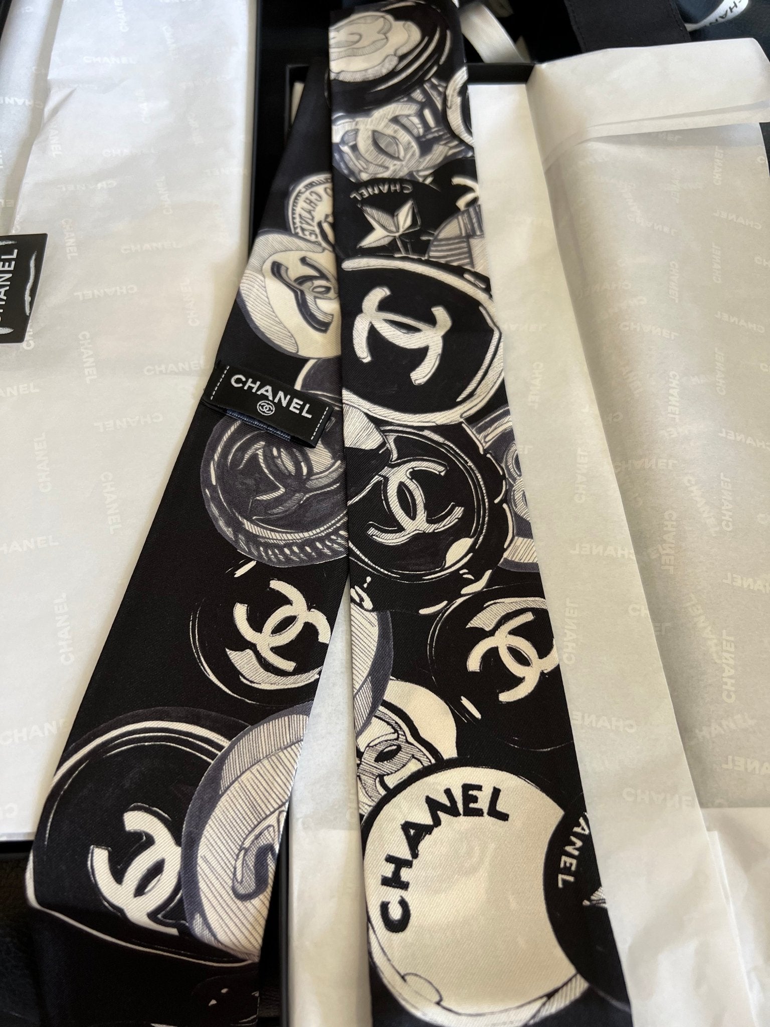 CHANEL 22A Black and White Coin Twilly | Chanel small scarf