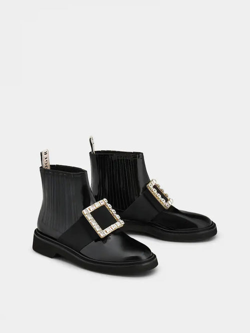 ROGER VIVIER Viv' Rangers Strass Buckle Chelsea Booties in Patent Leather | RV 皮靴 (黑色)