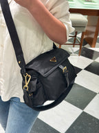 PRADA Explore Medium Re-Nylon Shoulder Bag with Flap | Prada Handbag (Black)