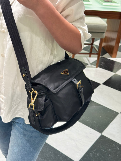 PRADA Explore Medium Re-Nylon Shoulder Bag with Flap | Prada Handbag (Black)