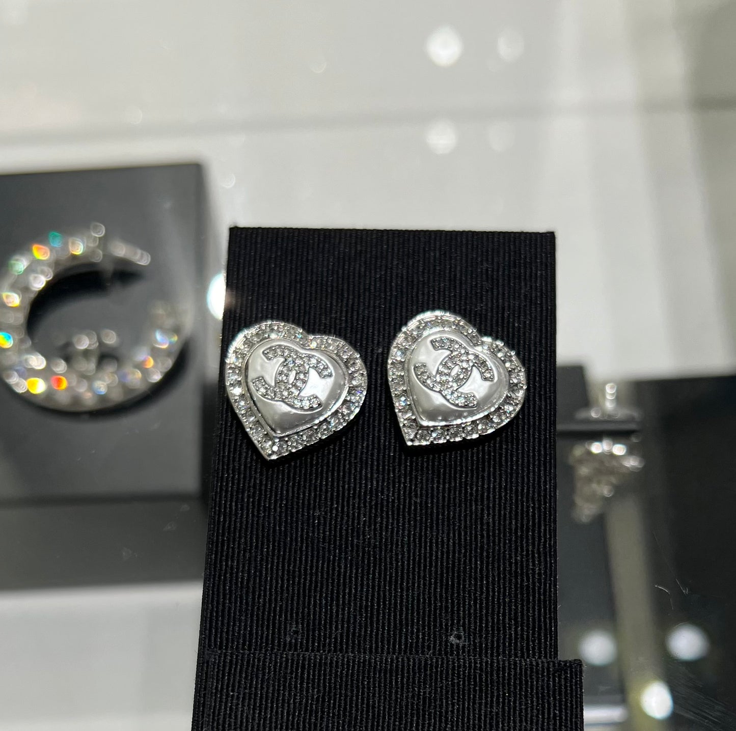 CHANEL Silver Crystal Heart Earrings | Chanel Heart Earrings 