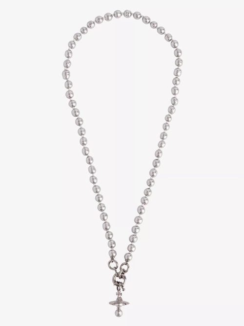 VIVIENNE WESTWOOD Aleksa Orb-Pendant Ruthenium-Plated Brass and Pearl Necklace | Queen Mother Necklace (Silver) 