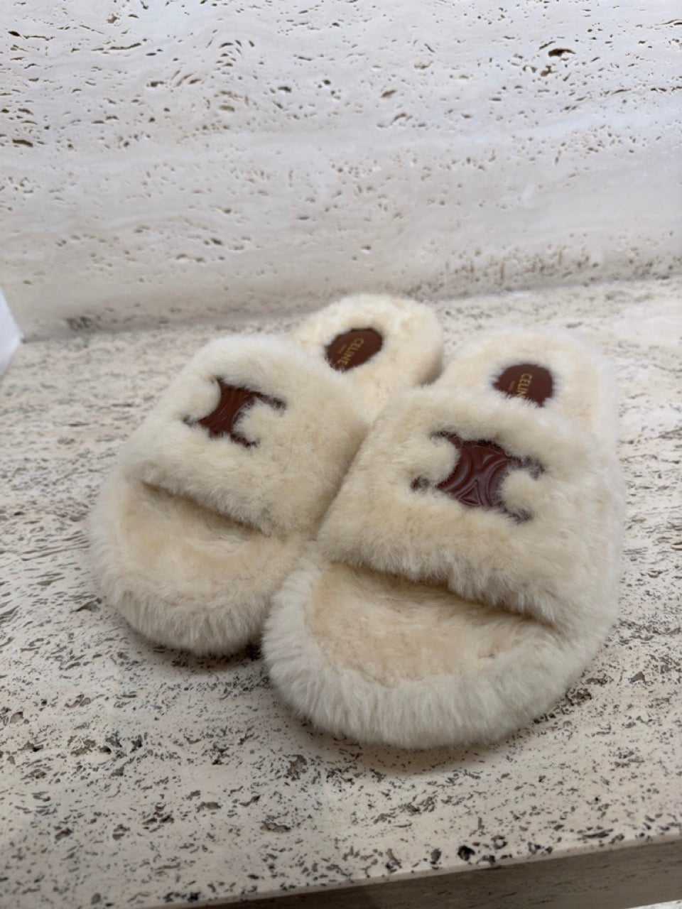 CELINE Fur Slide with Triomphe Celine wool slippers white