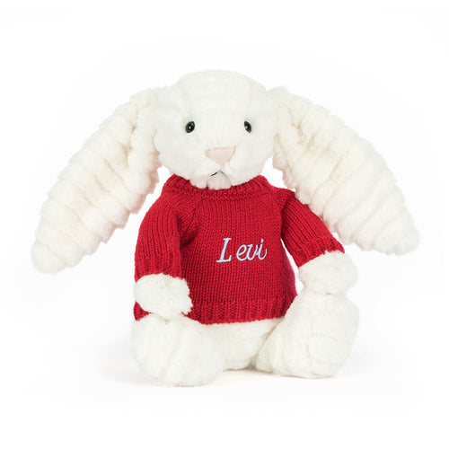 JELLYCAT Bashful Luxe Bunny Nimbus with Personalised Red Jumper | 白色兔仔公仔 (白色) - LondonKelly 英國名牌代購