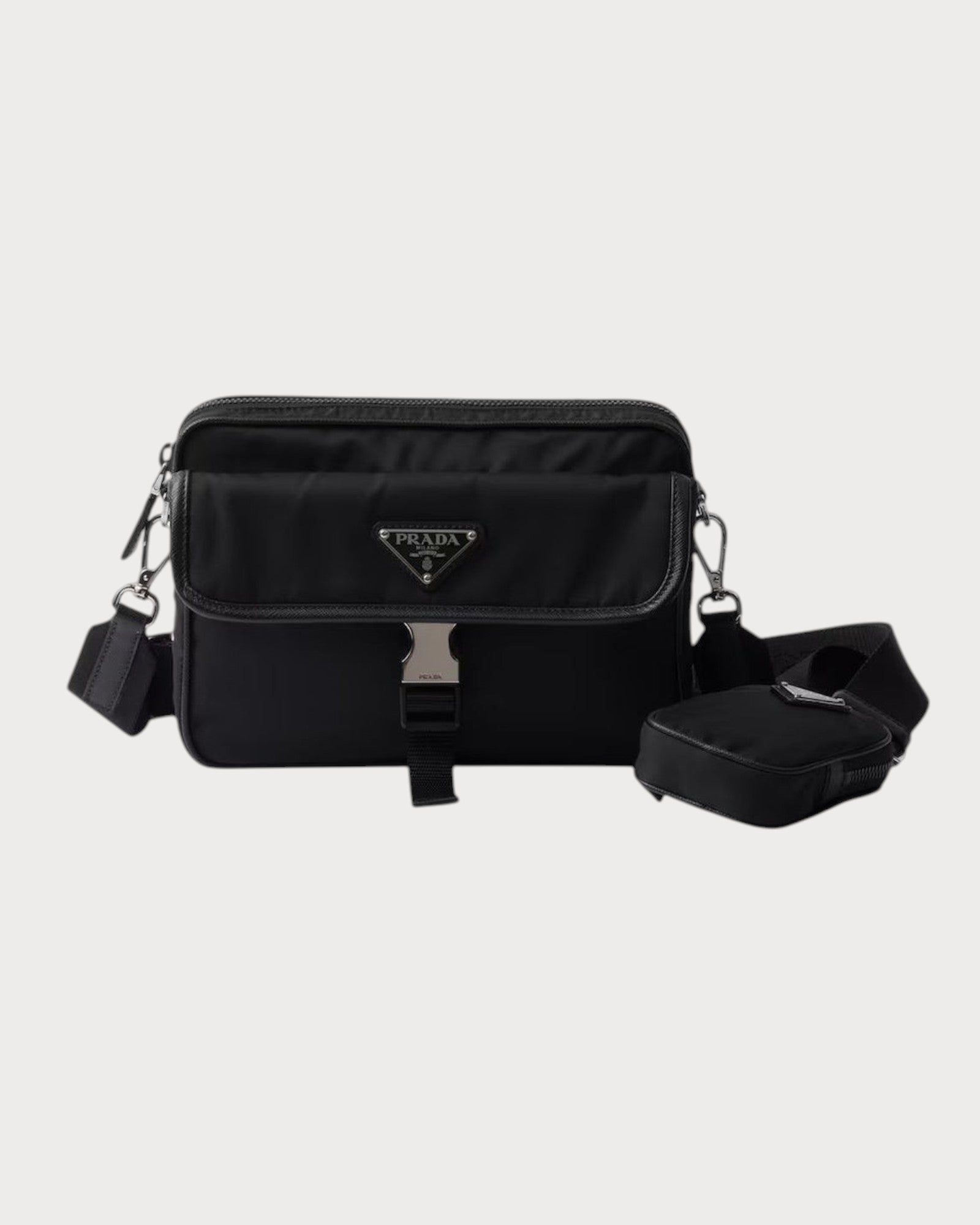 バッグ PRADA VINTAGE NYLON LEATHER HAND BAG 普拉達 2VH133 男仕 Re-nylon Shoulder Bag Saffiano皮革單肩袋(黑色
