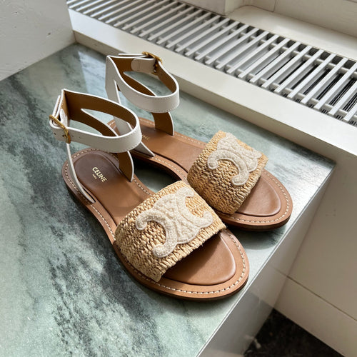 CELINE Raffia and Leather Lympia Flat Strap Sandal | 賽琳 涼鞋 (啡色)