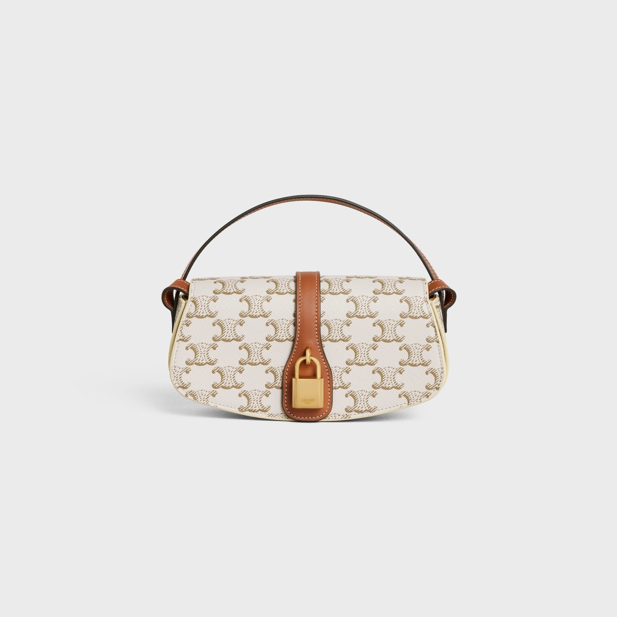 クラッチバッグ CELINE LEATHER AND TRIOMPHE CANVAS TABOU POUCH WITH STRAP CELINE Triomphe Canvas Calfskin Tabou Clutch on Strap Tan