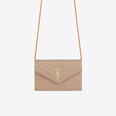 YSL Saint Laurent Cassandre Matelasse Envelop Chain Wallet (Dark Beige) | 聖羅蘭 銀包 | 695108BOW019207