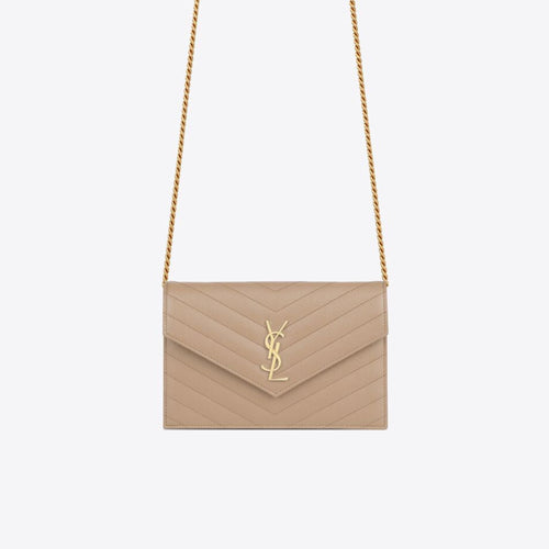 YSL Saint Laurent Cassandre Matelasse Envelop Chain Wallet (Dark Beige) | 聖羅蘭 銀包 | 695108BOW019207